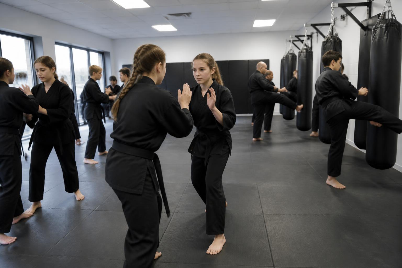 Teens and adults drilling self-defense techniques and bag work in a class at Legacy Martial Arts in Oxnard